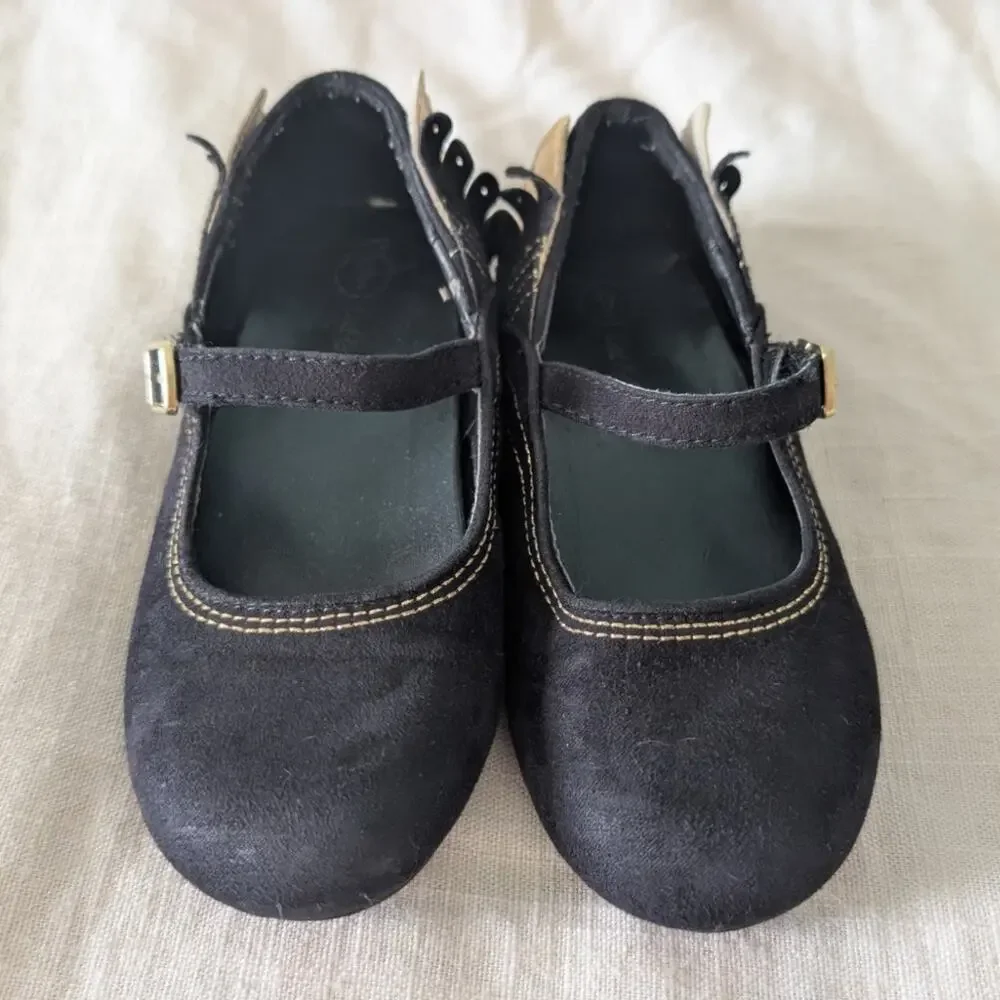 Cat & Jack Girls Black Gold Winged Mary Jane Flats Faux Suede size 9